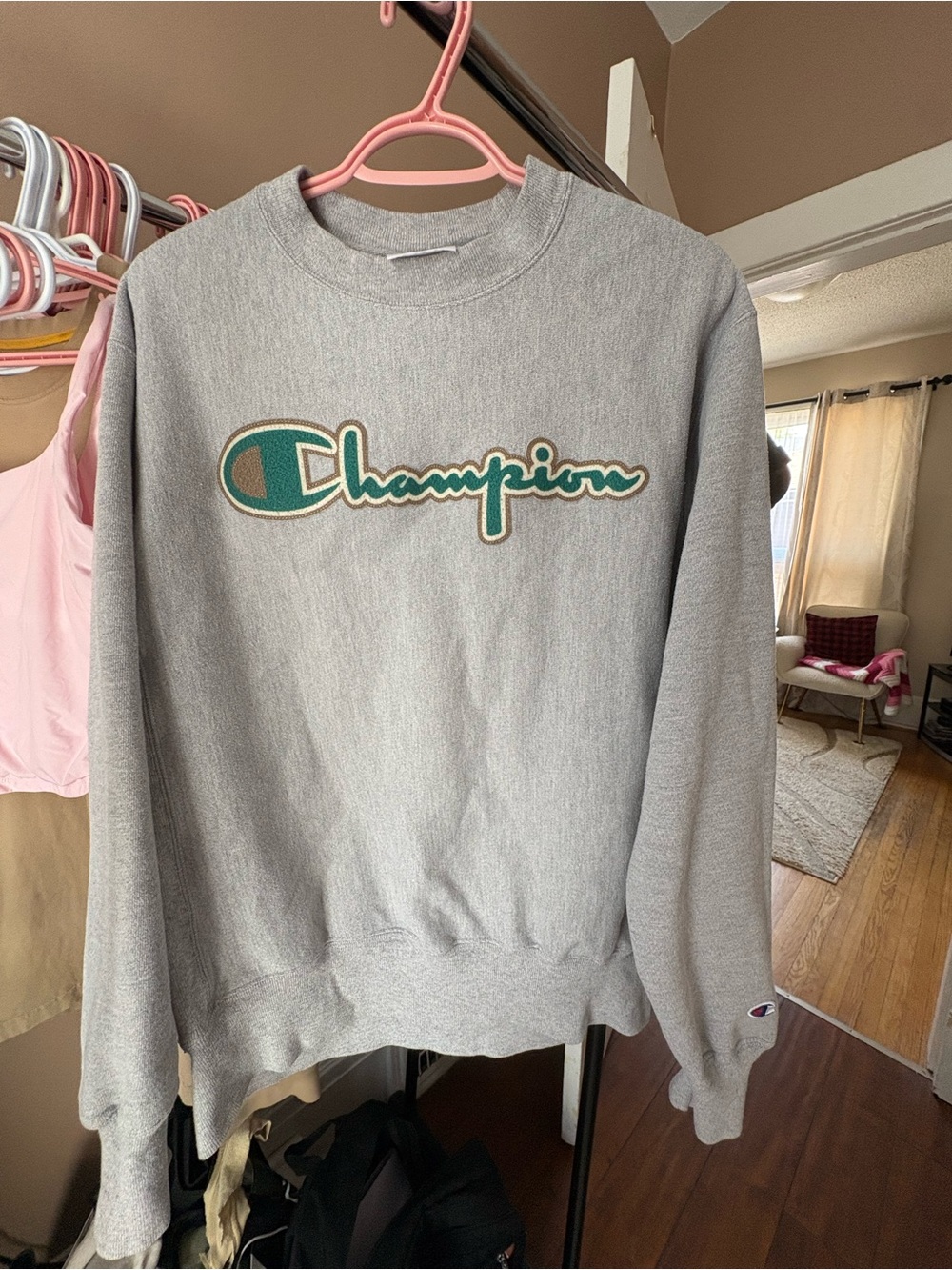 Vintage Champion Gray Crewneck Sweatshirt with Green Script Logo